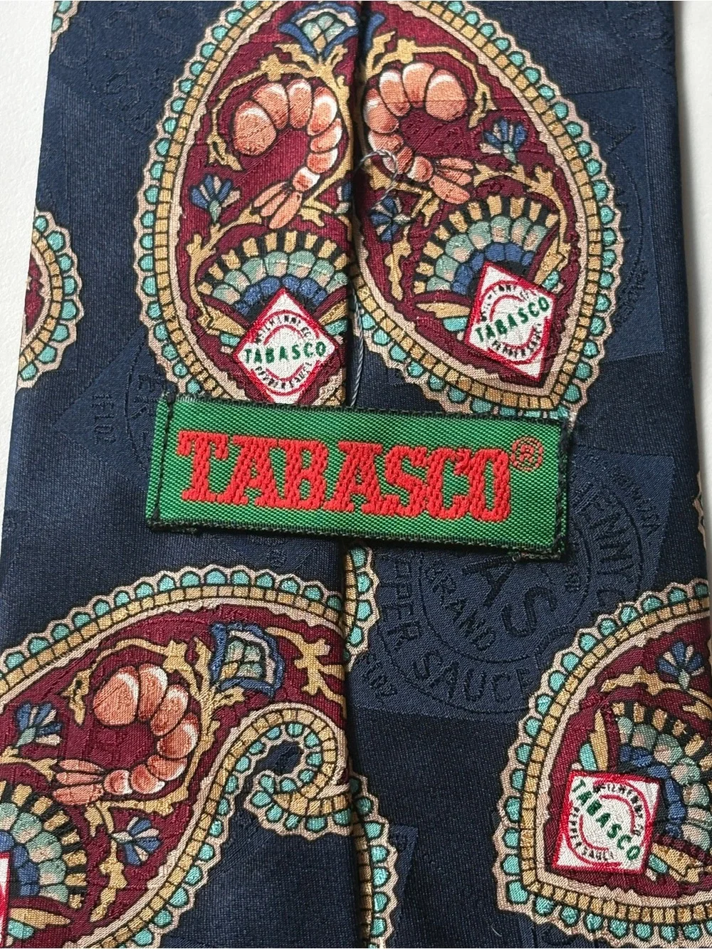 Vintage Tabasco Silk Tie Blue Paisley Shrimp Novelty Necktie Made in USA 3.75